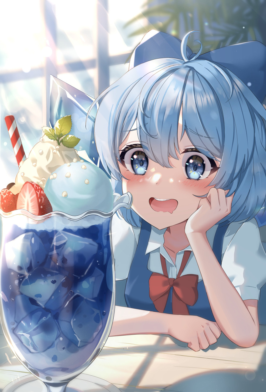 1girl, absurdres, ahoge, blue_bow, blue_dress, blue_eyes, blue_hair, blush