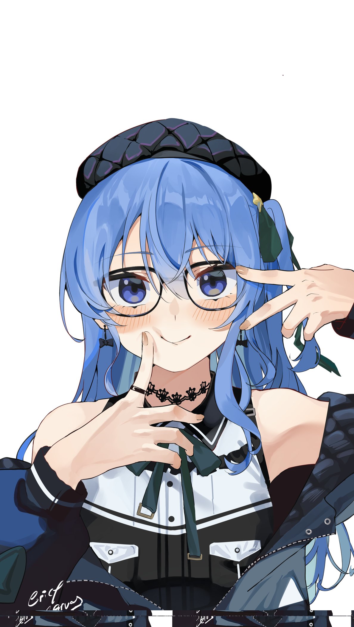 1girl, beret, black_choker, black_dress, black_headwear, blue_eyes, blue_hair, blue_jacket