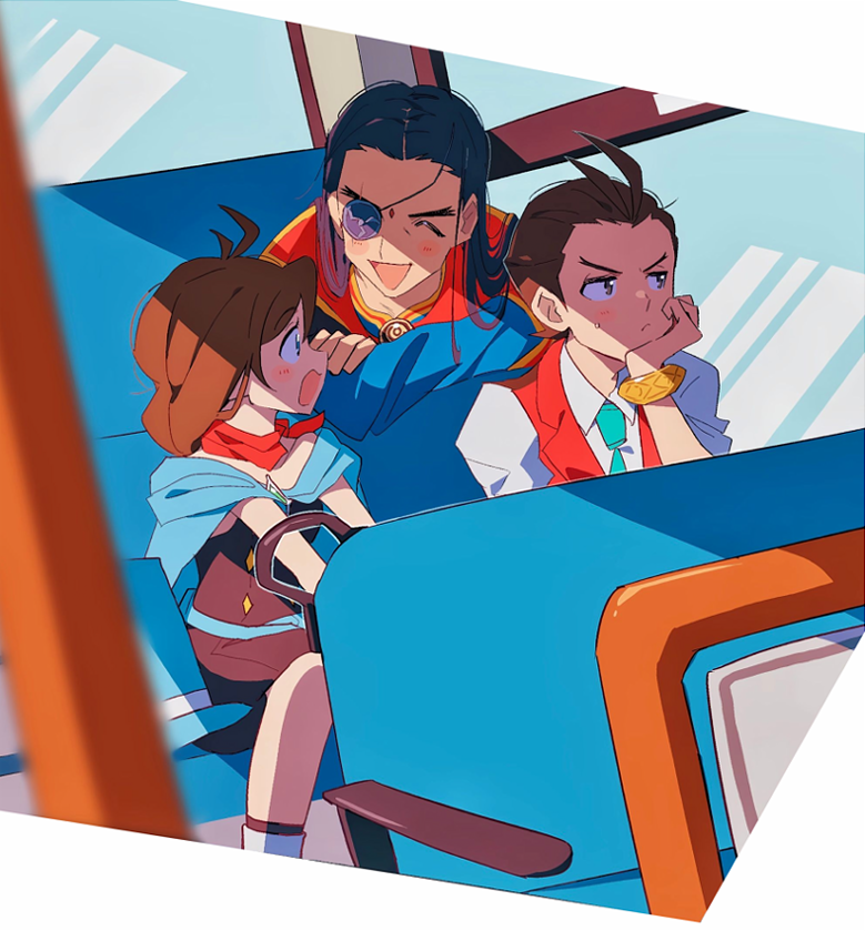 1girl, 2boys, :d, ace_attorney, annoyed, antenna_hair, apollo_justice, aqua_necktie