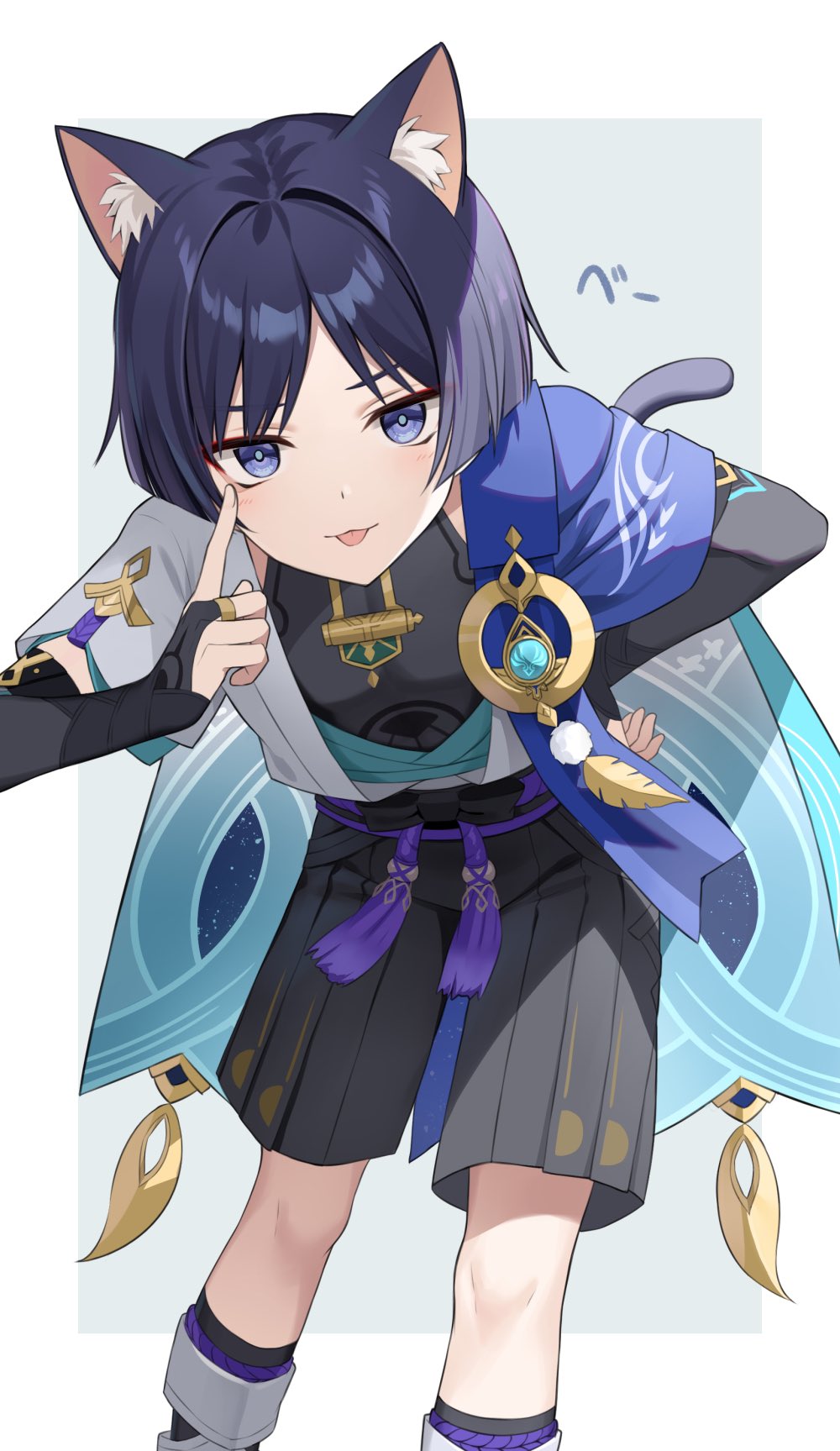 1boy, animal_ears, blue_eyes, blue_hair, cat_boy, cat_ears, cat_tail, cowboy_shot