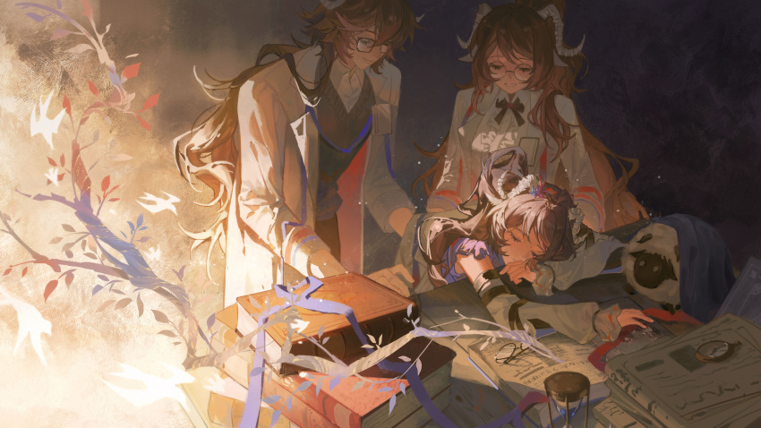 1boy, 2girls, absurdres, animal_ears, arknights, black_bow, black_bowtie, black_vest, blue_ribbon, book, bow, bowtie, closed_eyes, detached_sleeves, eyjafjalla_(arknights), father_and_daughter, gejiandenghuo, glasses, hair_rings, highres, horns, id_card, jacket, long_sleeves, mother_and_daughter, multiple_girls, newspaper, open_clothes, open_jacket, pocket_watch, ribbon, sheep, sheep_ears, sheep_girl, sheep_horns, shirt, sleeping, smile, vest, watch, white_jacket, white_shirt, white_sleeves