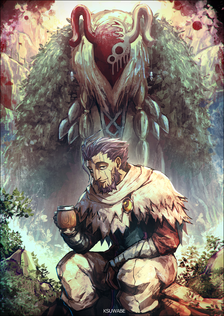 1boy, cloak, cup, feet_out_of_frame, forest, holding, holding_cup, k-suwabe, looking_at_viewer, made_in_abyss, male_focus, mature_male, monster, nature, purple_hair, short_hair, sitting, smile, solo, wazukyan, white_hair, wrinkled_skin
