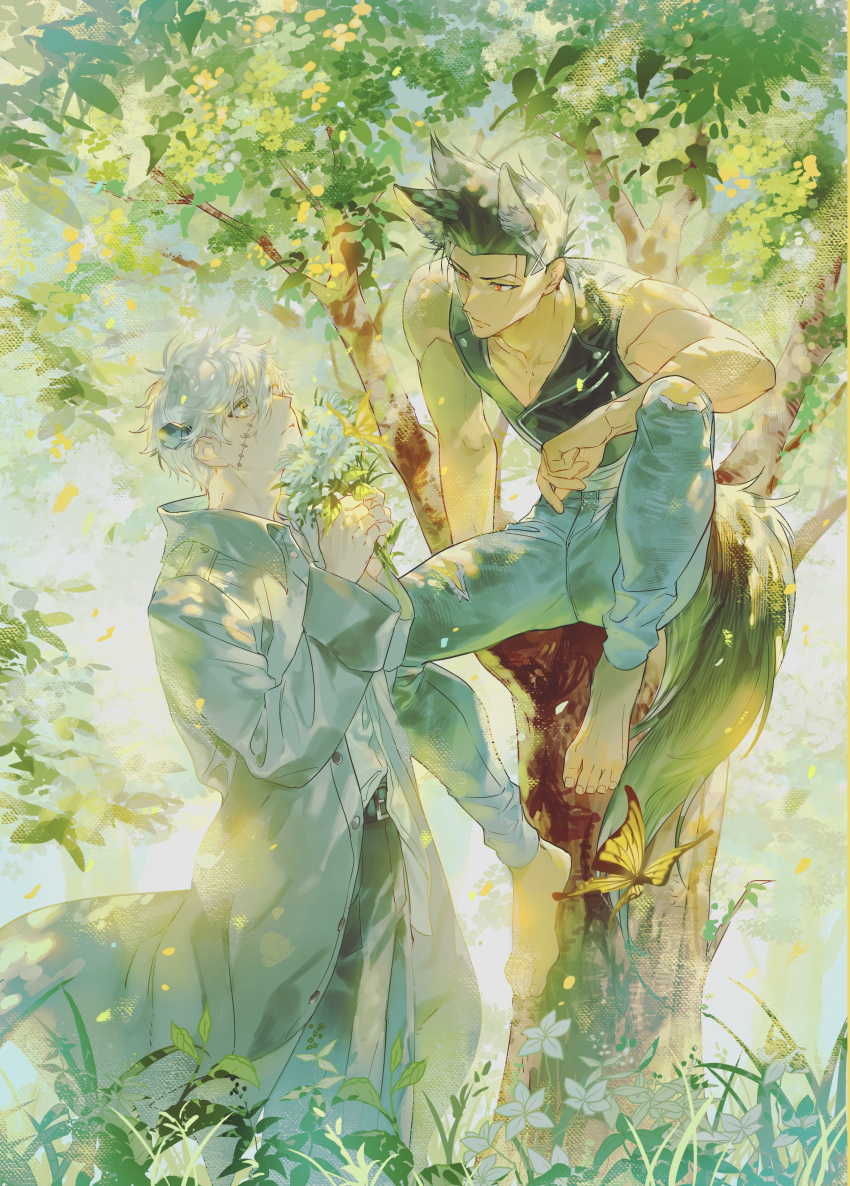 2boys, absurdres, animal_ears, barefoot, barou_shouei, belt, black_belt, black_hair, black_pants, blue_eyes, blue_lock, bomber_tarou, bug, butterfly, closed_mouth, day, flower, highres, holding, holding_flower, lab_coat, large_pectorals, looking_at_another, male_focus, multiple_boys, muscular, muscular_male, nagi_seishirou, object_through_head, open_clothes, outdoors, pants, pectorals, red_eyes, screw_in_head, short_hair, sitting, spiky_hair, stitches, tail, tree, white_flower, white_hair, wolf_boy, wolf_ears, wolf_tail