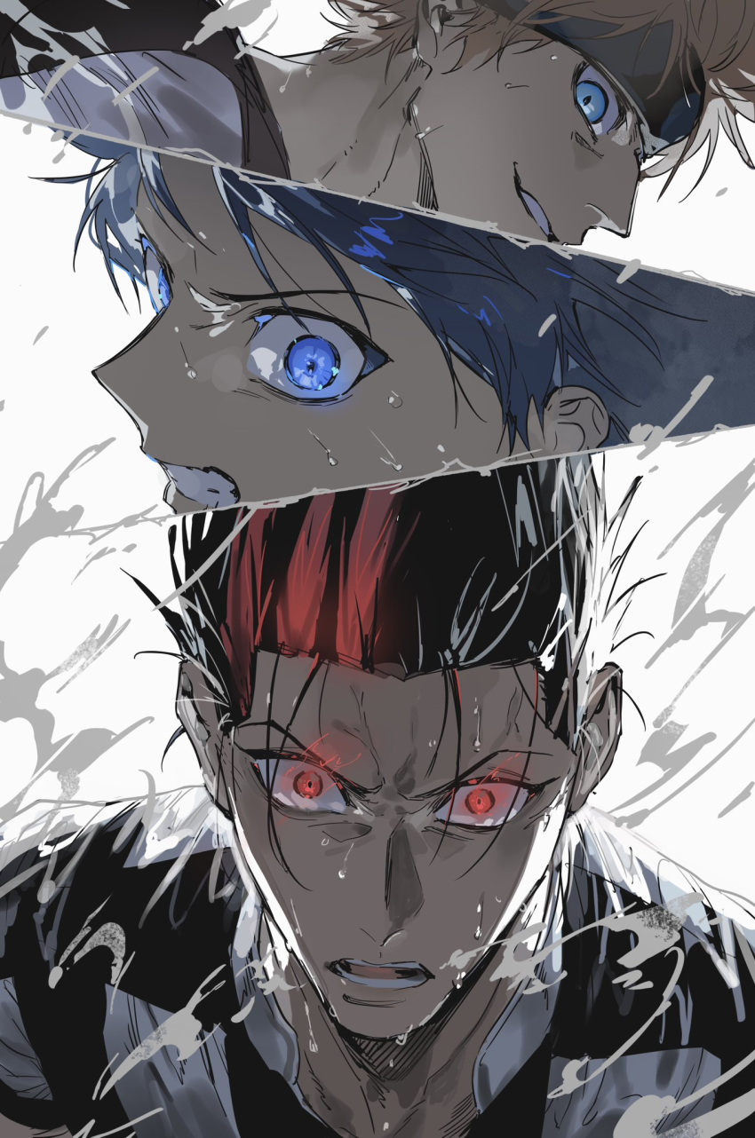 3boys, barou_shouei, black_hair, black_headband, black_shirt, blonde_hair, blue_eyes, blue_lock