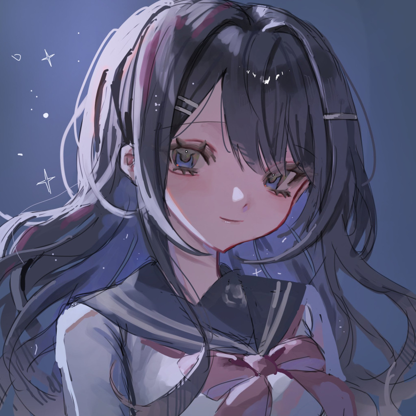 1girl, black_hair, blue_eyes, blue_sailor_collar, bow, bowtie, closed_mouth, danganronpa:_trigger_happy_havoc, danganronpa_(series), grey_shirt, hair_ornament, hairclip, highres, long_hair, maizono_sayaka, ohn_(hiyu194), pink_bow, pink_bowtie, sailor_collar, shirt, smile, solo, sparkle, upper_body