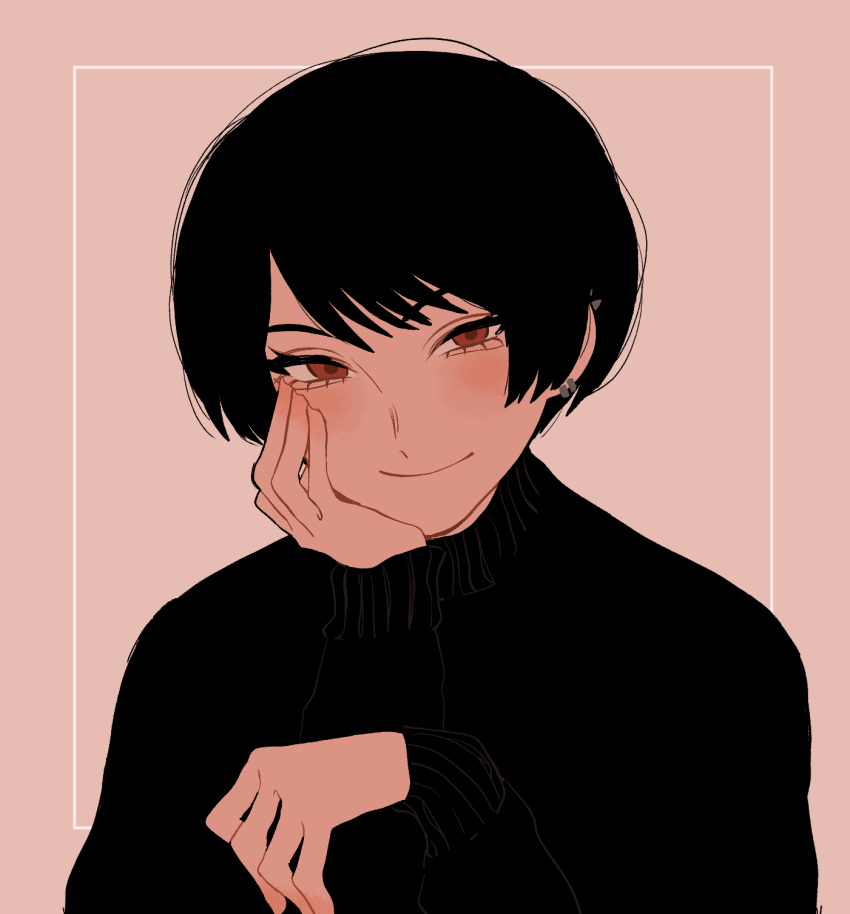 1girl, alexkota1115, black_hair, black_sweater, hand_on_own_face, highres, looking_at_viewer, original, piercing, red_eyes, short_hair, simple_background, smirk, sweater, tomboy