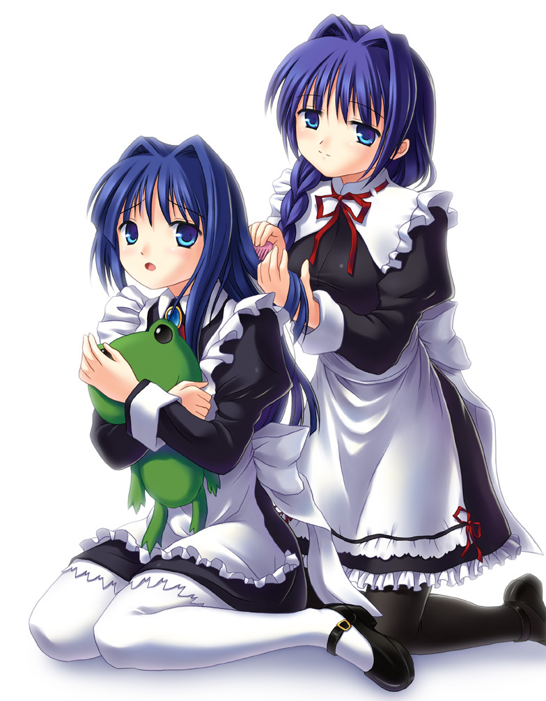 2girls, alternate_costume, apron, black_legwear, black_pantyhose, blue_eyes, blue_hair, braid, comb, enmaided, frog, hair_intakes, kanon, keropi, key_(company), long_hair, maid, mary_janes, minase_akiko, minase_nayuki, mother_and_daughter, multiple_girls, pantyhose, pekota, shoes, single_braid, stuffed_animal, stuffed_toy, white_legwear, white_pantyhose, xiaojing, xj_(artist)