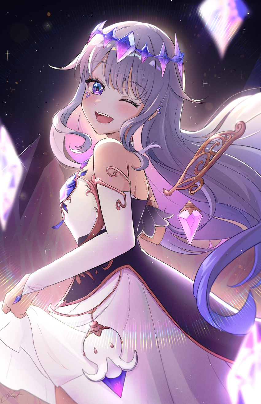 1girl, absurdres, chest_jewel, detached_sleeves, detached_wings, dress, gem, grey_hair