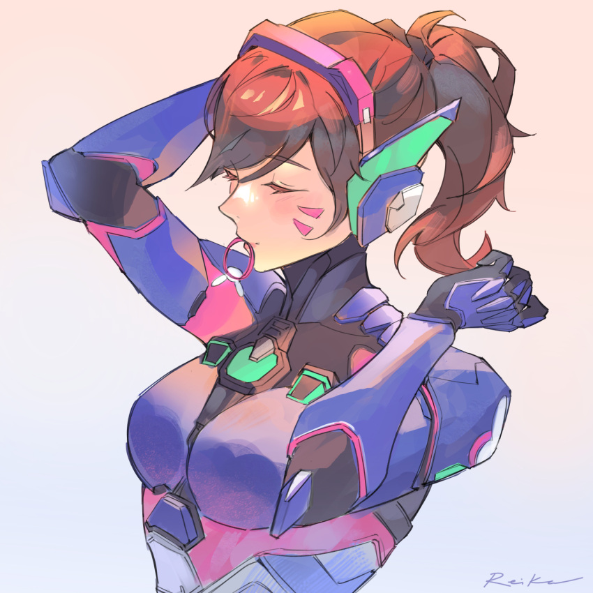 1girl, bodysuit, d.va_(overwatch), highres, overwatch, overwatch_1, overwatch_2, pilot_suit, pink_lips, shiro-hane, solo