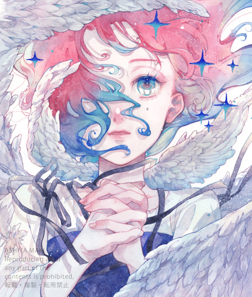 1girl, absurdres, black_ribbon, blue_eyes, blue_hair, feathered_wings, fingernails, gradient_hair