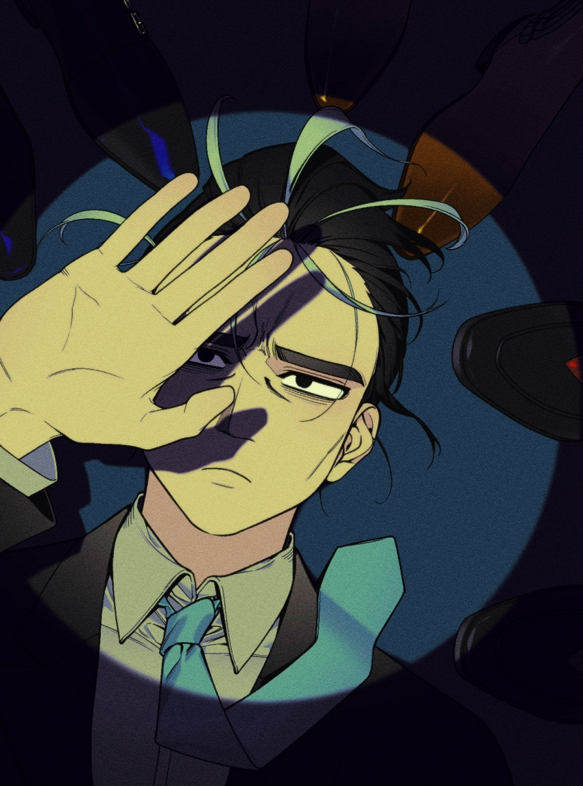 1boy, bags_under_eyes, black_eyes, black_hair, collared_shirt, commentary, green_necktie, grey_hair
