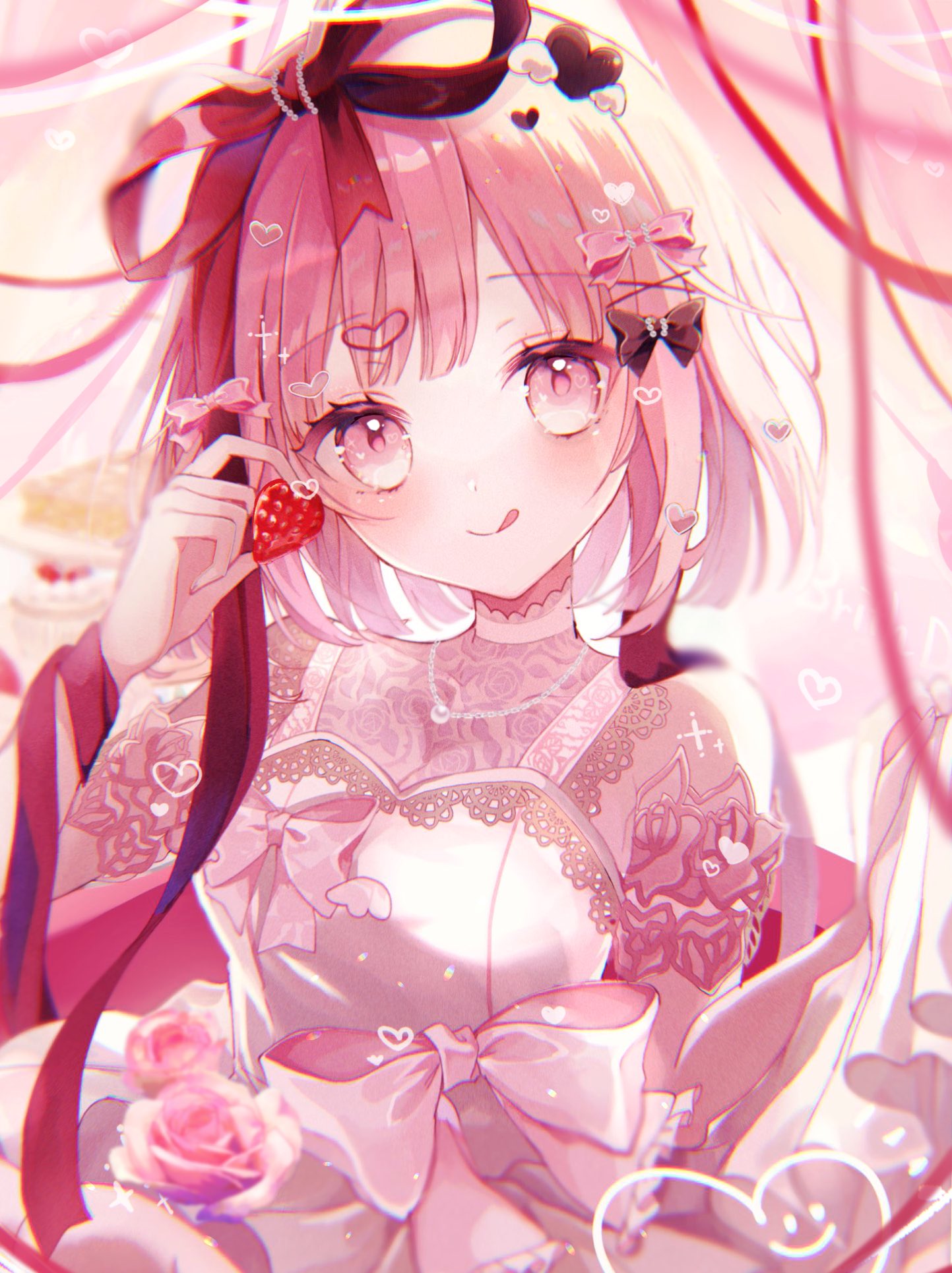 1girl, arm_ribbon, black_bow, blush, bow, closed_mouth, colored_eyelashes, commentary, dress, dress_bow, eyelashes, food, fruit, gradient_background, gradient_eyes, hair_bow, hair_ornament, hair_ribbon, hand_up, heart, heart_hair_ornament, highres, holding, holding_food, holding_fruit, lace-trimmed_dress, lace_trim, looking_at_viewer, multicolored_eyes, ootori_emu, pink_background, pink_bow, pink_eyes, pink_hair, pink_theme, project_sekai, red_ribbon, ribbon, short_hair, smile, solo, strawberry, tongue, tongue_out, upper_body, white_background, white_dress, white_eyes, xokikox