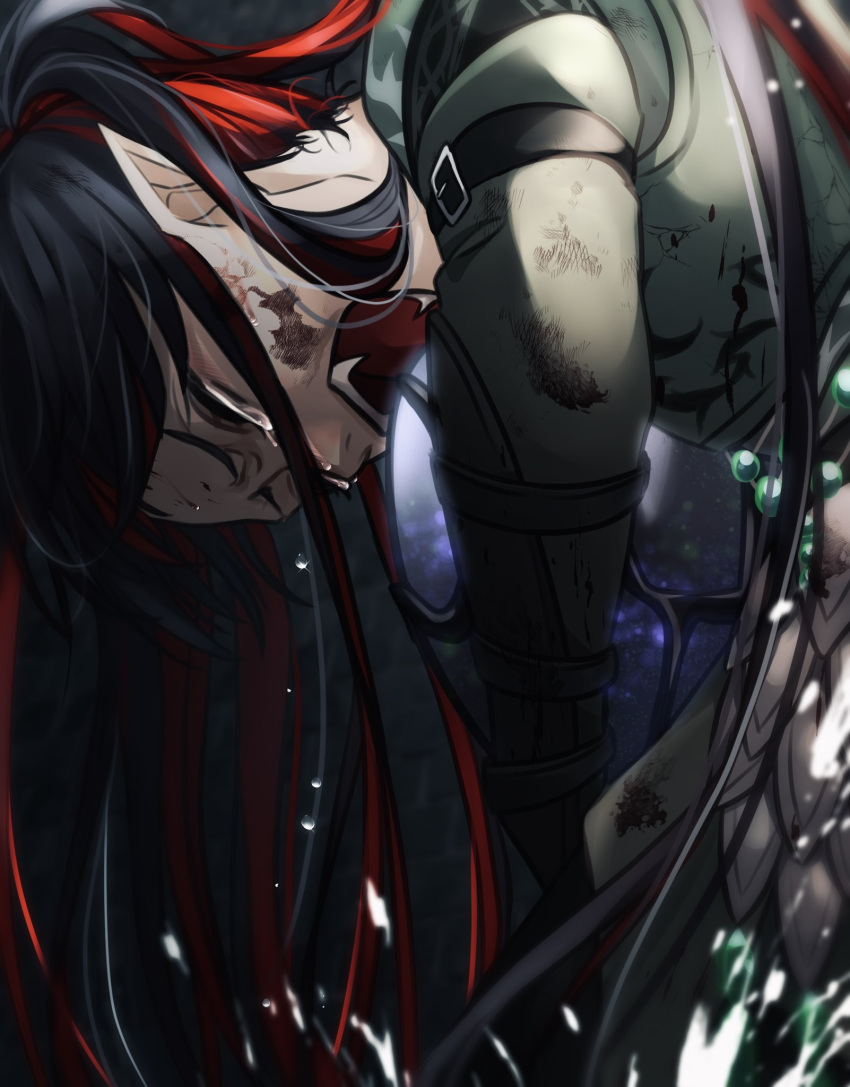 1boy, arm_belt, armor, belt, black_belt, black_hair, breastplate, brick_wall