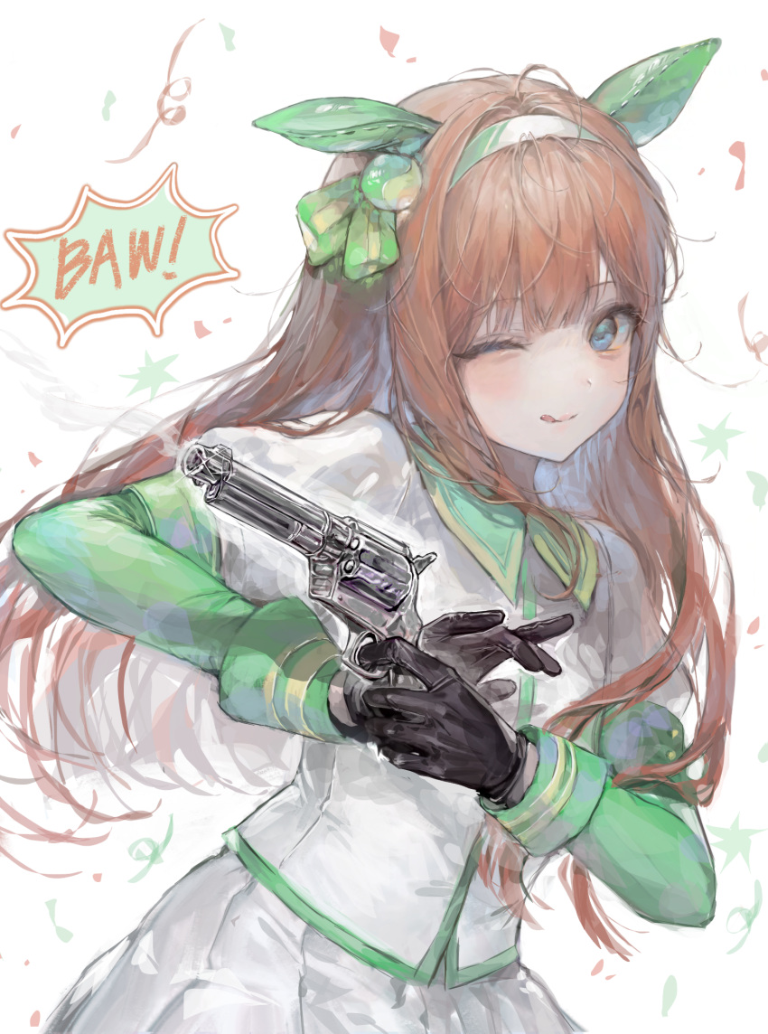 1girl, ;q, animal_ears, black_gloves, blue_eyes, blunt_bangs, brown_hair, chinese_commentary