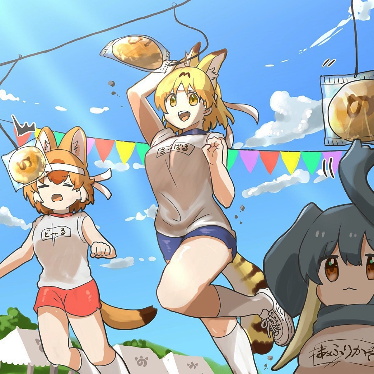 3girls, african_elephant_(kemono_friends), alternate_costume, animal_ears, blonde_hair, blue_shorts, brown_hair, cat_ears
