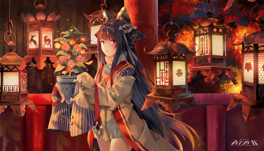 1girl, architecture, black_hair, copyright_name, east_asian_architecture, holding, iron_saga, japanese_clothes
