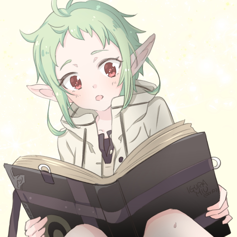 1girl, book, elf, green_hair, holding, holding_book, hood, hooded_jacket