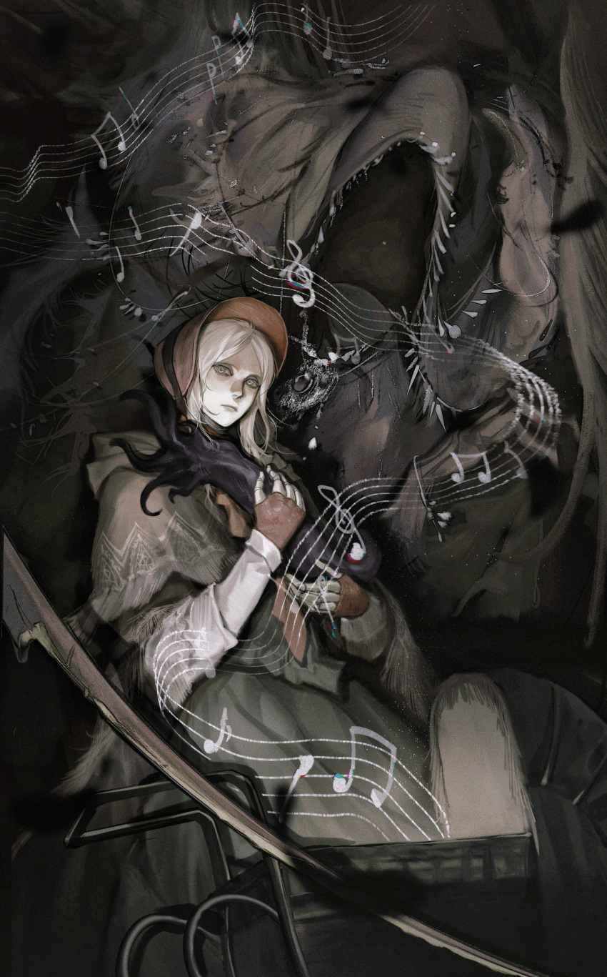 1girl, absurdres, bloodborne, bonnet, brown_gloves, brown_headwear, capelet, cowboy_shot