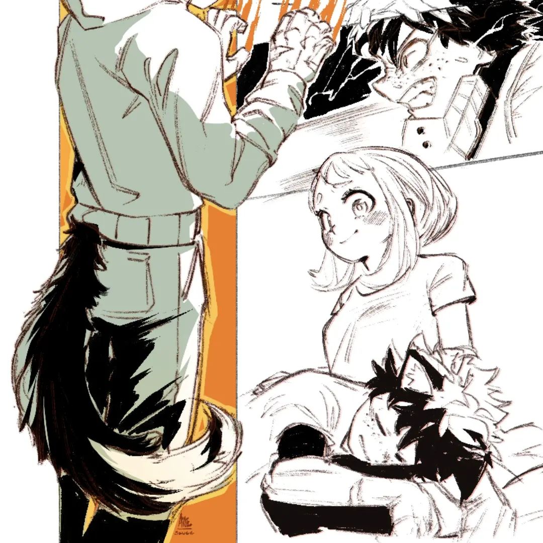 1boy, 1girl, aiole_sauce, aioles, black_hair, boku_no_hero_academia, cat_boy, couple, long_hair, midoriya_izuku, natural, orange_background, plant, shop, short_hair, smile, the_lovers_(tarot), uraraka_ochako, white_hair