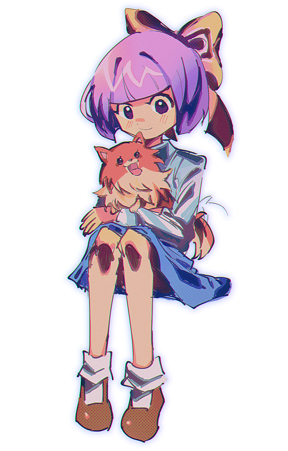1girl, animal_on_lap, blue_skirt, bow, brown_footwear, closed_mouth, commentary, english_commentary
