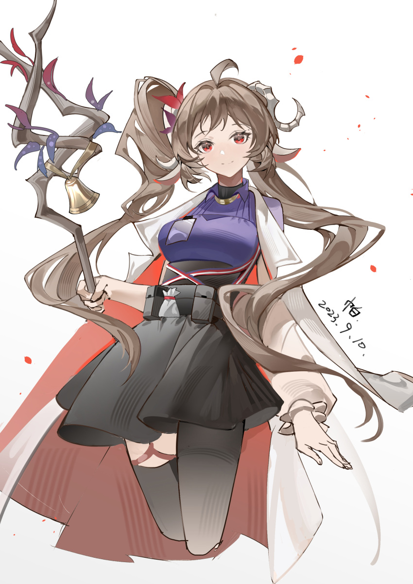 1girl, absurdres, ahoge, animal_ears, arknights, asymmetrical_legwear, black_pantyhose, black_skirt