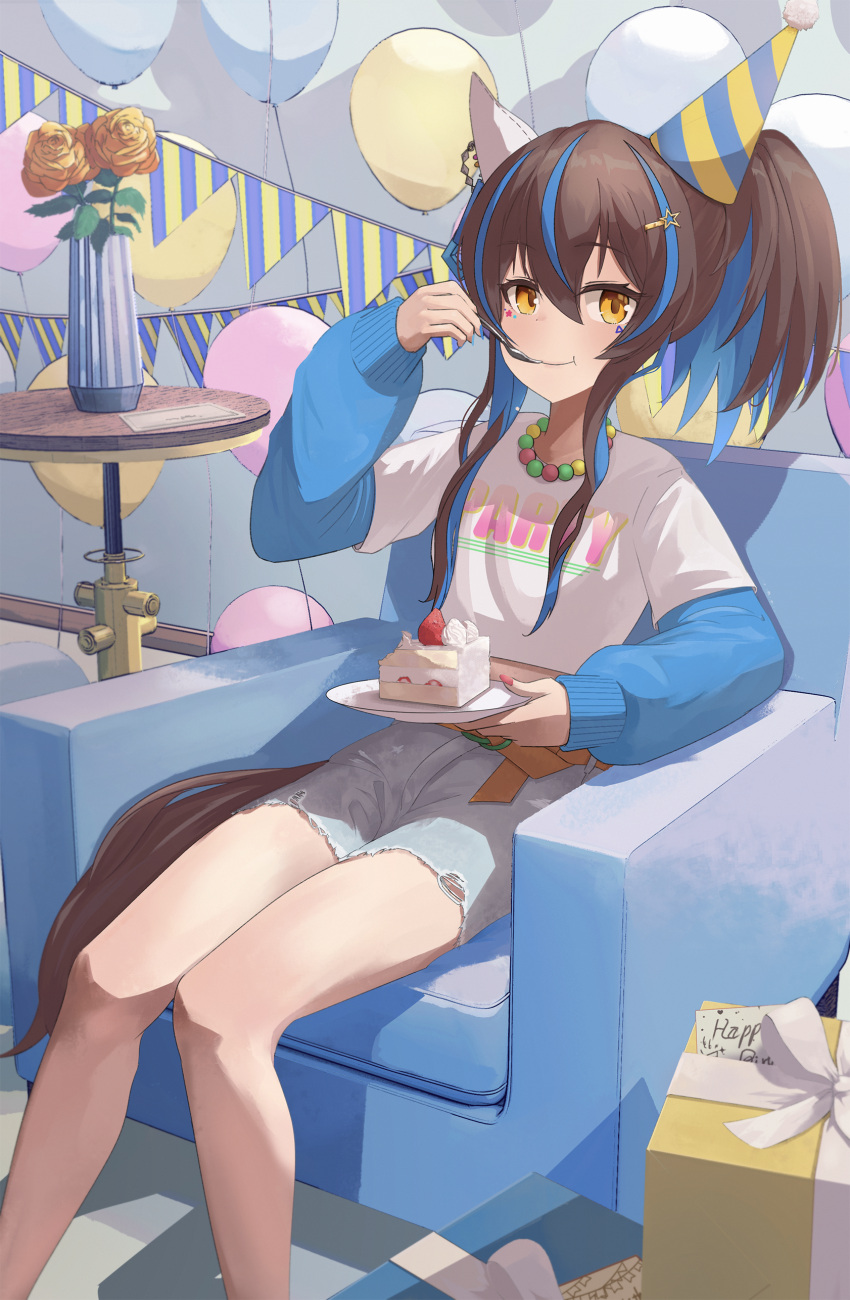 1girl, :t, absurdres, animal_ears, balloon, bead_necklace, beads, blue_shirt
