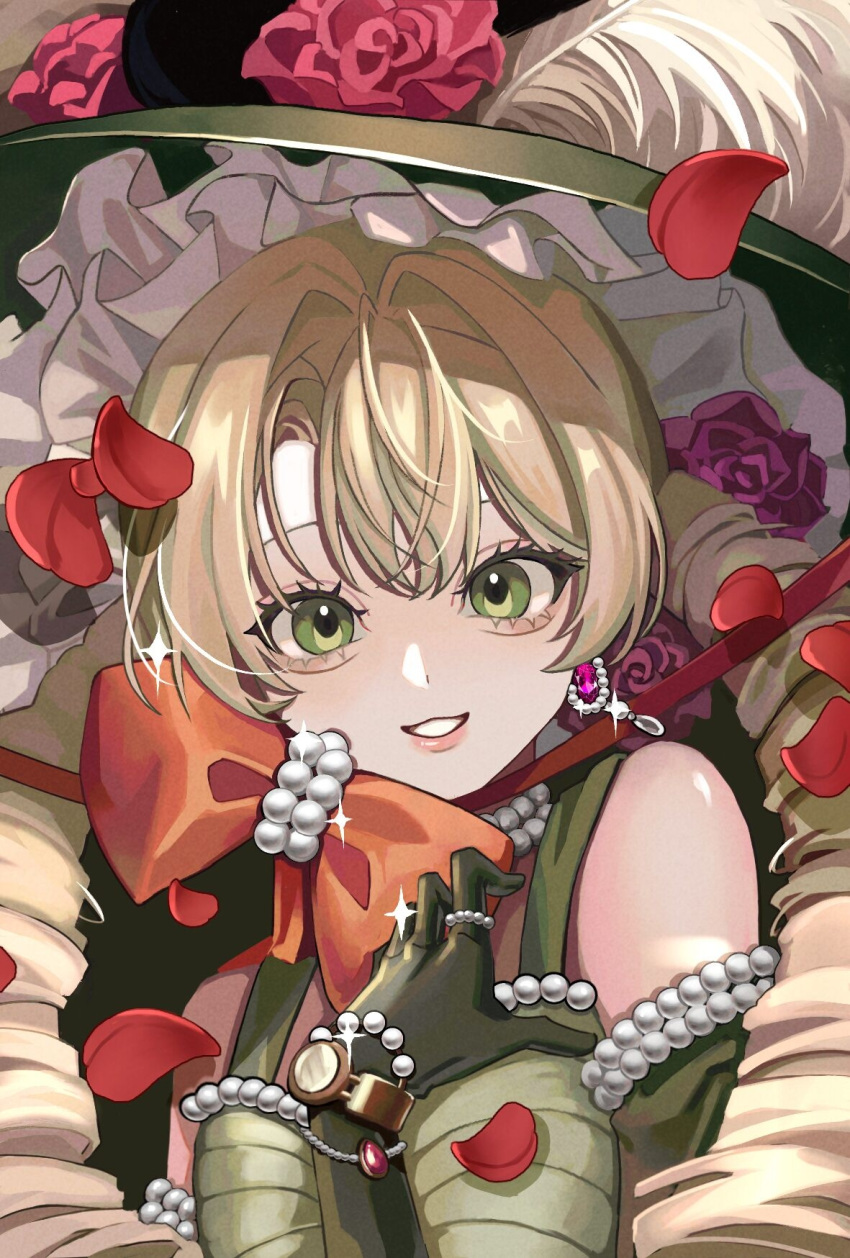 1girl, bare_shoulders, black_background, blonde_hair, bow, bracelet, chin_strap, dress, drill_hair, elbow_gloves, falling_petals, feathers, flower, food, gloves, green_dress, green_eyes, green_gloves, green_headwear, grin, hands_on_own_chest, hat, hat_feather, hat_flower, helium_(qiuqiuleyuan), highres, holding, holding_food, jewelry, long_hair, looking_at_viewer, low_twintails, necklace, orange_bow, pearl_bracelet, pearl_necklace, petals, portrait, red_flower, red_rose, reverse:1999, rose, sleeveless, sleeveless_dress, smile, solo, sotheby, sparkle, sun_hat, twin_drills, twintails, watch, watch, white_feathers