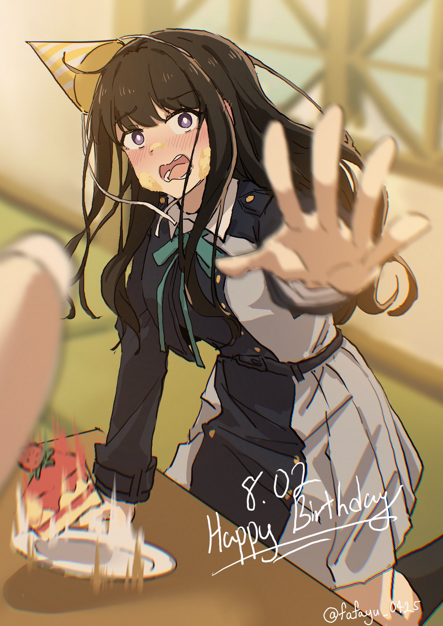 1girl, aqua_ribbon, belt, black_hair, black_socks, blue_belt, blue_dress, blurry