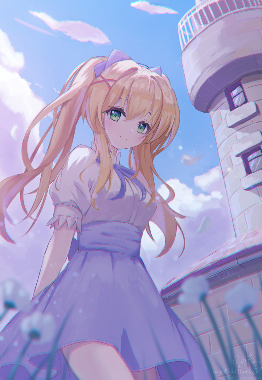 1girl, blue_bow, blue_ribbon, blue_skirt, blue_sky, blurry, blush, bow, casual, closed_mouth, clouds, commentary_request, cowboy_shot, day, depth_of_field, eyebrows_hidden_by_hair, eyelashes, flower, frilled_sleeves, frills, green_eyes, hair_between_eyes, hair_bow, hair_intakes, hair_ornament, high-waist_skirt, highres, lighthouse, long_hair, looking_at_viewer, neck_ribbon, official_alternate_costume, outdoors, puffy_short_sleeves, puffy_sleeves, ribbon, shiki_hamaguri, shirt, short_sleeves, sidelocks, signature, skirt, sky, smile, solo, standing, summer_pockets, tsumugi_wenders, twintails, twitter_username, white_flower, white_shirt, x_hair_ornament