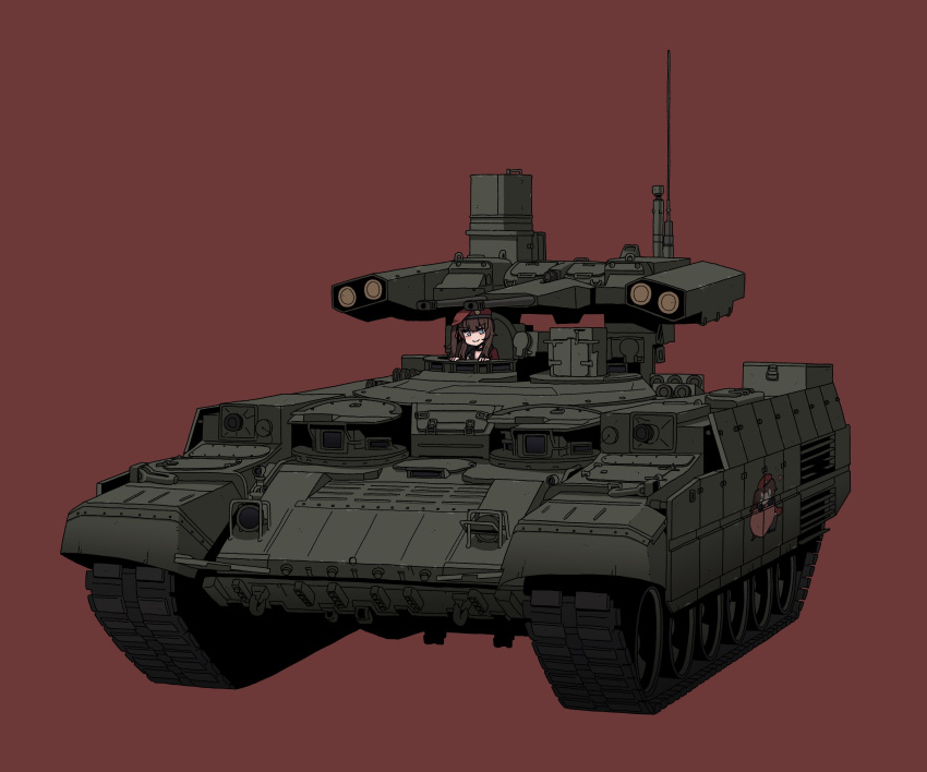 1girl, absurdres, armored_vehicle, beret, blue_eyes, bmpt_terminator, brown_hair, commission, female_commander_(girls'_frontline), girls_frontline, hat, highres, karepack, long_hair, military_vehicle, red_background, red_headwear, simple_background, smile, solo, vehicle_focus