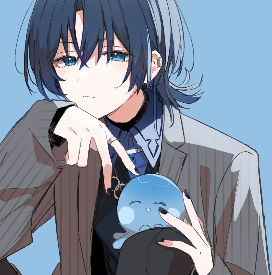 1girl, black_nails, blue_background, blue_eyes, blue_hair, blush, ear_piercing, hiodoshi_ao, hololive, jewelry, looking_at_viewer, mole, mole_under_mouth, musshu_(omu001), official_art, parted_bangs, piercing, ring, shirt, short_hair, upper_body, virtual_youtuber