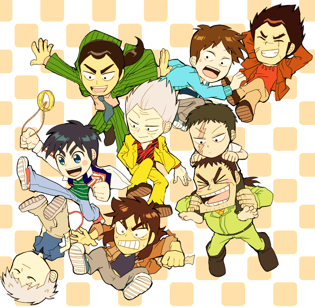 6+boys, :d, akagi:_yami_ni_oritatta_tensai, akagi_shigeru, animal_print, arms_behind_head, barefoot, black_eyes