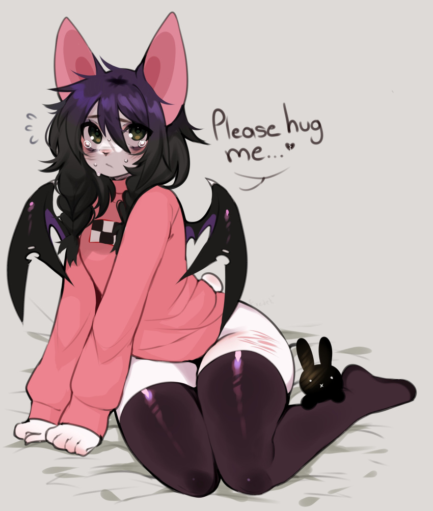 1girl, absurdres, animal_ears, bat_ears, bat_girl, bat_wings, black_hair, black_thighhighs