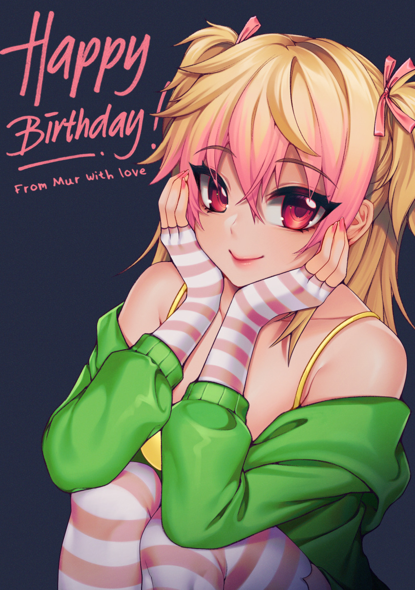 1girl, blonde_hair, blush, bow, closed_mouth, crush_crush, elbow_gloves, fingerless_gloves