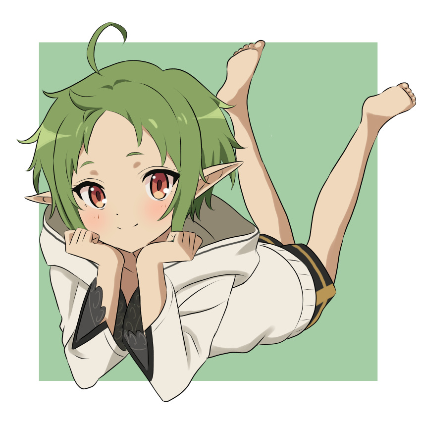 1girl, absurdres, ahoge, barefoot, bazz000033, elf, feet_up, head_rest