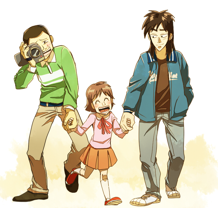 1girl, 2boys, aged_down, alternate_costume, black_eyes, black_hair, blue_footwear, blue_jacket