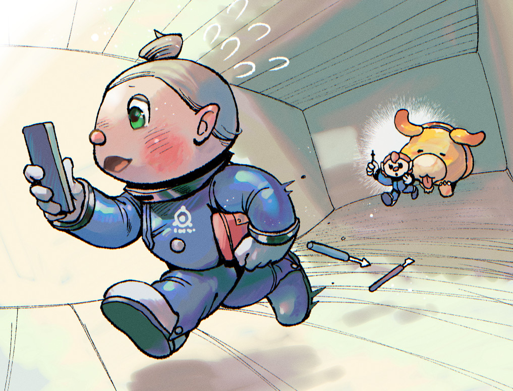1boy, 1girl, alien, asaikaina, bag, black_eyes, blue_collar, blue_jumpsuit