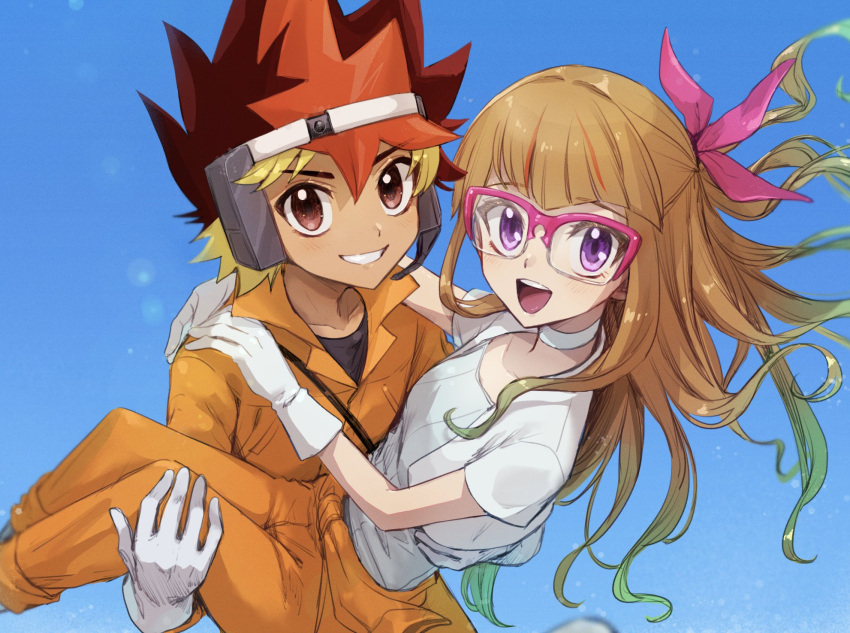 1boy, 1girl, blue_background, brother_and_sister, brown_hair, carrying, glass, gloves, hair_ribbon, highres, jumpsuit, kanidevice, looking_at_viewer, multicolored_hair, ohdo_yuamu, ohdo_yuhi, open_mouth, orange_jumpsuit, princess_carry, red-framed_eyewear, red_eyes, ribbon, siblings, smile, twins, two-tone_hair, violet_eyes, white_gloves, yu-gi-oh!, yu-gi-oh!_go_rush!!