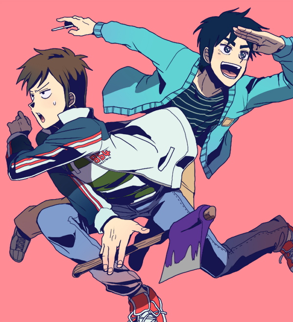 2boys, axe, black_eyes, black_hair, blue_cardigan, blue_jacket, blue_pants, brown_hair