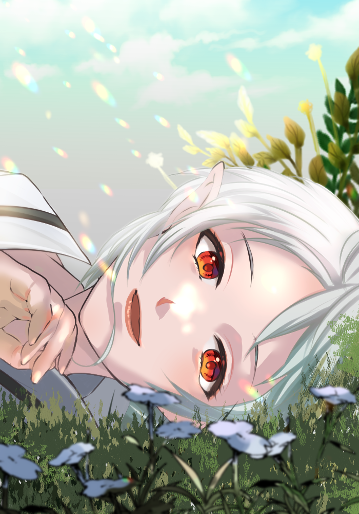 1girl, clouds, day, elf, flower, hand_up, kasakasako, looking_at_viewer