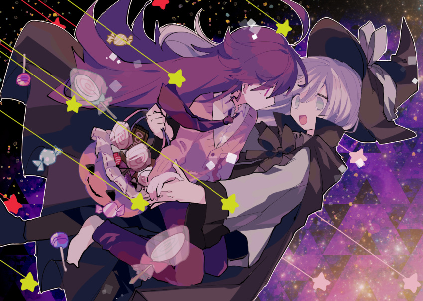 2boys, ahoge, barefoot, black_cape, black_headwear, black_ribbon, candy, cape