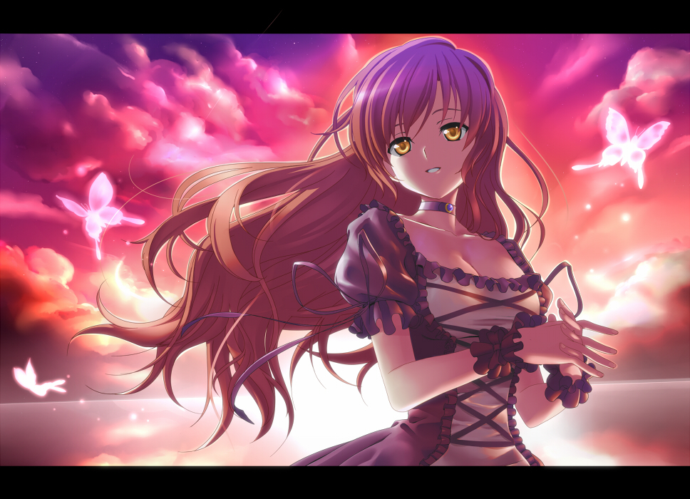 backlighting, breasts, brown_eyes, butterfly, choker, cleavage, cloud, clouds