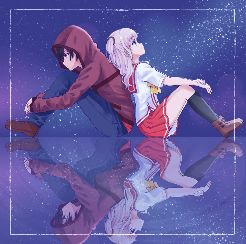1boy, 1girl, back-to-back, black_socks, blue_eyes, bow, breasts, brown_eyes, brown_footwear, brown_hair, brown_jacket, charlotte_(anime), closed_mouth, commentary_request, denim, framed, from_side, frown, full_body, grey_hair, hair_between_eyes, hetero, highres, hood, hood_up, hooded_jacket, hoshinoumi_academy_school_uniform, hugging_own_legs, jacket, jeans, knees_up, leg_up, long_hair, long_sleeves, looking_down, miniskirt, night, noritama_(noritamago), otosaka_yuu, outdoors, pants, pleated_skirt, profile, red_sailor_collar, red_skirt, reflective_floor, sailor_collar, school_uniform, shirt, short_hair, short_sleeves, sidelocks, sitting, skirt, sky, socks, star_(sky), starry_sky, tomori_nao, two_side_up, wavy_hair, white_shirt, yellow_bow