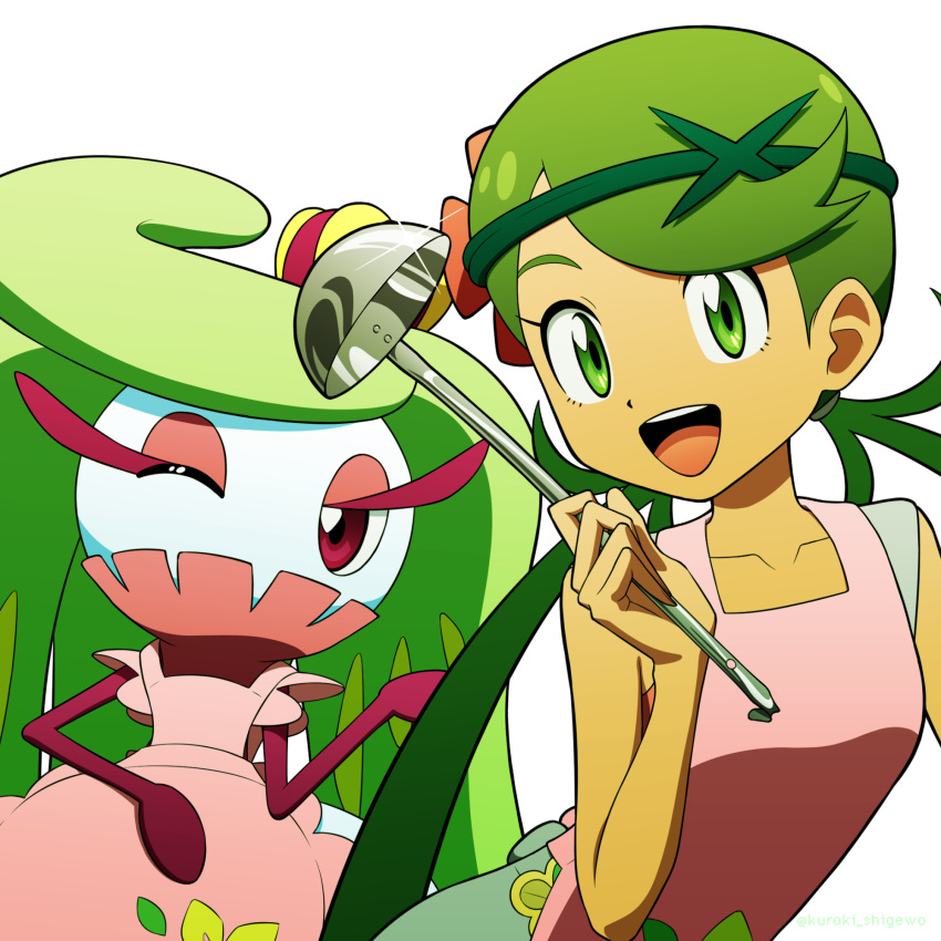 2girls, apron, bare_arms, bare_shoulders, collarbone, colored_skin, crown, dark-skinned_female, dark_skin, eyeshadow, flower, green_eyes, green_hair, green_headband, grey_overalls, hair_flower, hair_ornament, headband, highres, holding, holding_ice_cream_scoop, holding_spoon, kuroki_shigewo, long_hair, makeup, mallow_(pokemon), mini_crown, monster_girl, multicolored_skin, multiple_girls, one_eye_closed, overall_shorts, overalls, pink_apron, pink_eyeshadow, pink_flower, plant_girl, pokemon, pokemon_(anime), pokemon_(creature), pokemon_sm_(anime), purple_thighhighs, sleeveless, spoon, swept_bangs, teeth, thigh-highs, tri_tails, tsareena, twintails, two-tone_skin, upper_teeth_only, white_skin