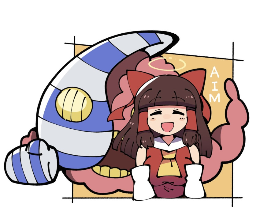 1girl, :d, ascot, blunt_bangs, blush, brown_hair, character_name, closed_eyes