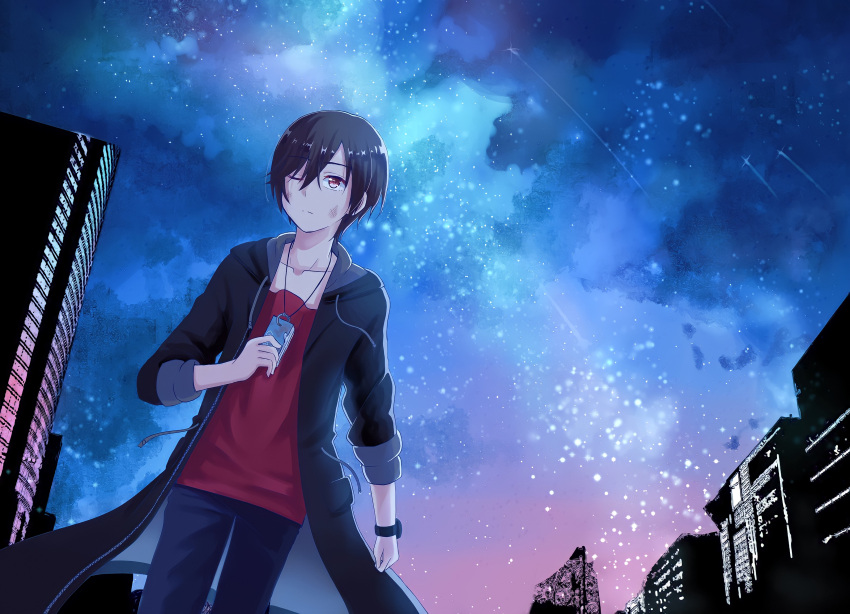 1boy, absurdres, black_hair, black_jacket, brown_eyes, casual, charlotte_(anime), closed_mouth, collarbone, commentary_request, cowboy_shot, crossed_bangs, frown, highres, jacket, jewelry, long_sleeves, looking_up, necklace, night, noritama_(noritamago), one_eye_closed, open_clothes, open_jacket, otosaka_yuu, outdoors, red_shirt, shirt, short_hair, sky, solo, spoilers, standing, star_(sky), starry_sky, upturned_eyes, watch, watch