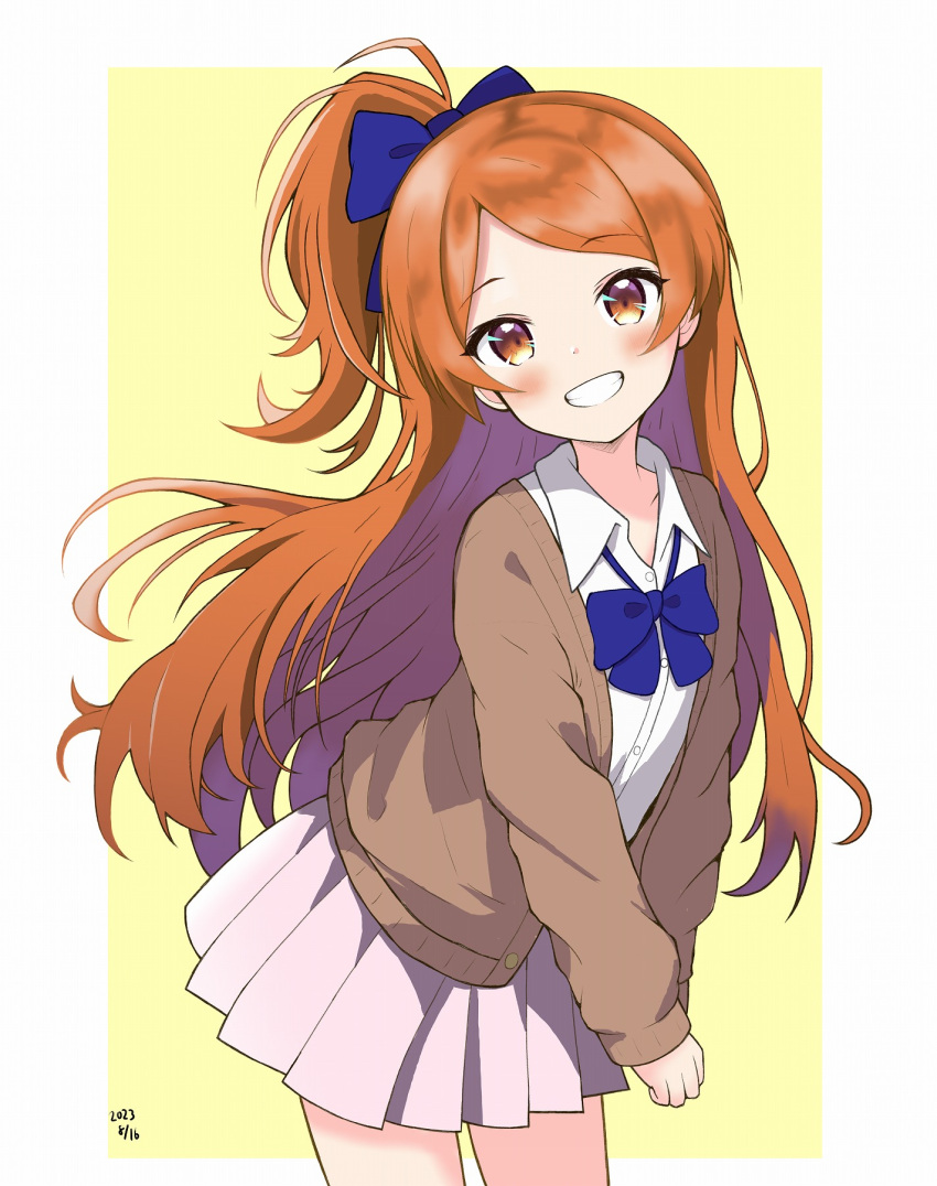 1girl, blue_bow, blue_bowtie, bow, bowtie, brown_cardigan, buttons, cardigan