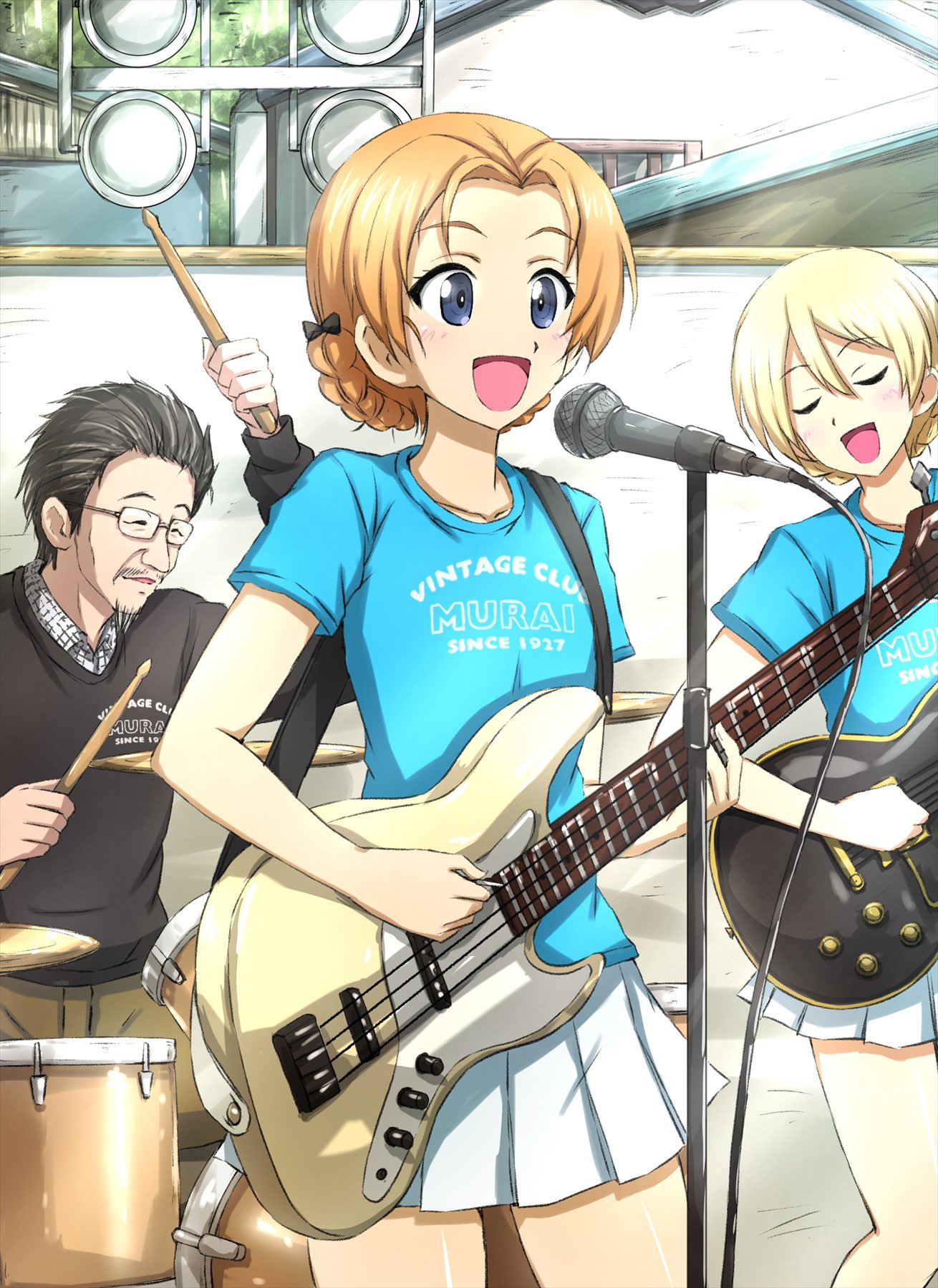 1boy, 2girls, :d, bass_guitar, beard, black_bow, black_hair, blonde_hair