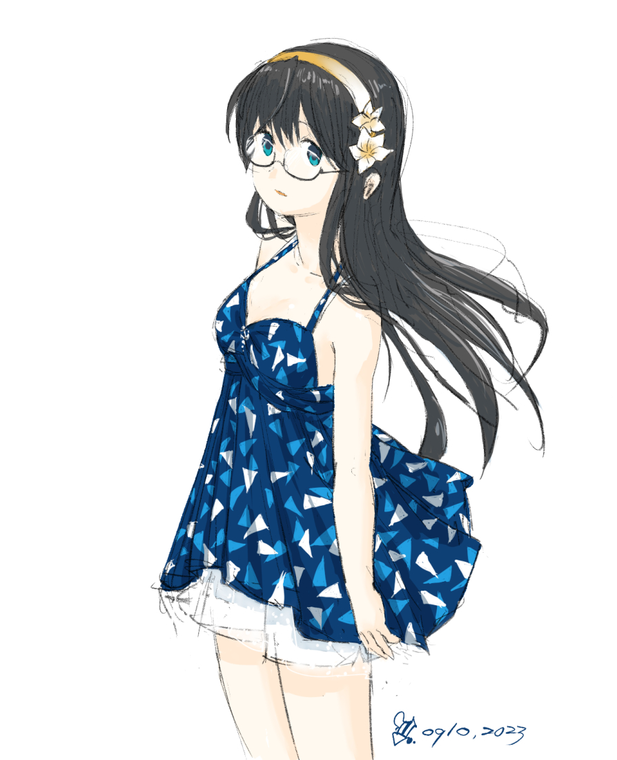 1girl, artist_logo, black_hair, blue_dress, blue_eyes, breasts, cowboy_shot, curvadosdunas, dated, dress, flower, glasses, gradient_clothes, hair_flower, hair_ornament, hairband, kantai_collection, long_hair, official_alternate_costume, ooyodo_(kancolle), orange_hairband, semi-rimless_eyewear, shorts_under_dress, simple_background, small_breasts, solo, spaghetti_strap, sundress, triangle_print, under-rim_eyewear, white_background