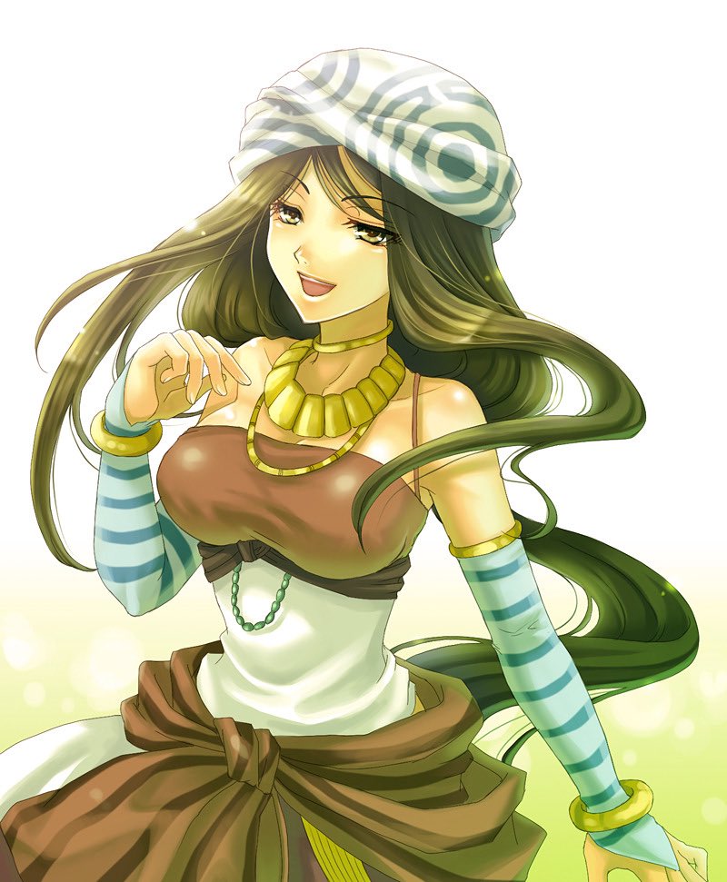 1girl, artist_request, black_hair, breasts, detached_sleeves, gensou_suikoden, gensou_suikoden_tierkreis, long_hair, looking_at_viewer, open_mouth, simple_background, sisuca_(suikoden), smile, solo, white_background